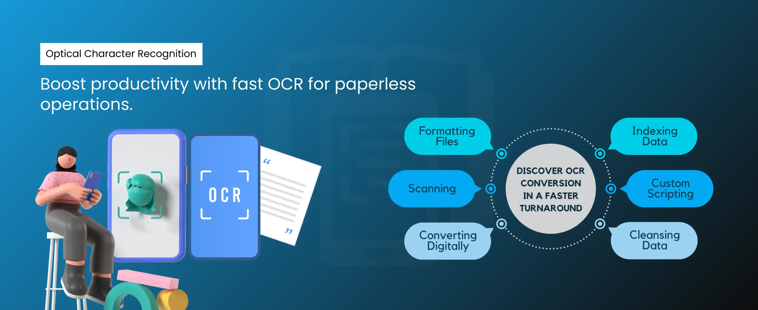 Illustration depicting a person working on a laptop beside a digital device displaying OCR Services on the screen. A nearby flowchart outlines steps: formatting, scanning, converting, indexing, scripting, and cleansing for efficient OCR data conversion.