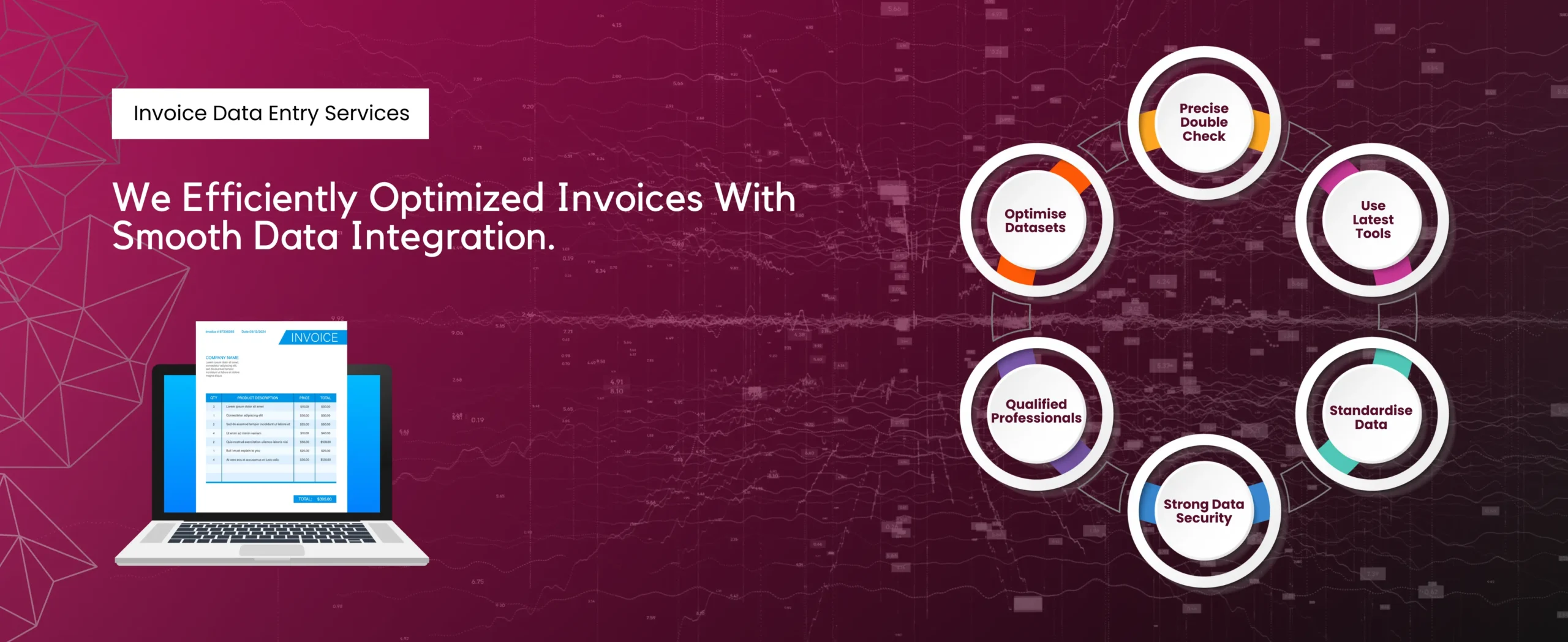 A graphic showcasing a laptop with invoice data on screen, highlighting our Invoice Data Entry Services. Circular icons emphasize features like optimized datasets, precise double checks, latest tools, qualified professionals, and robust invoice data management for strong security.