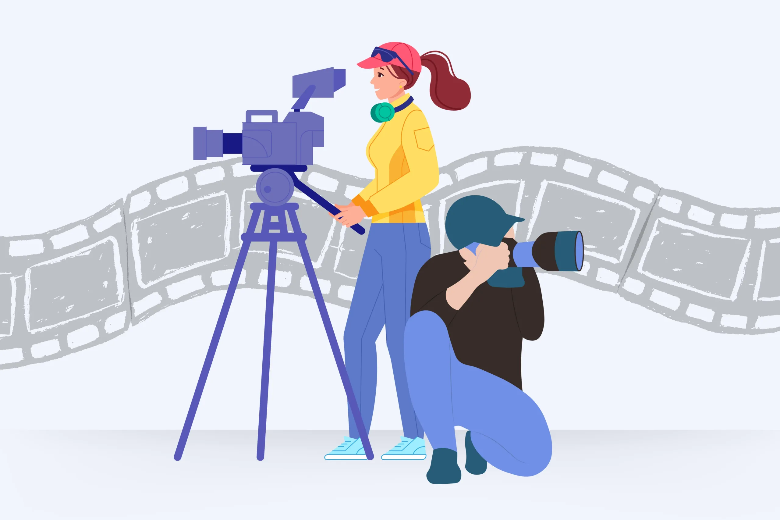 Illustration of a woman in a yellow jacket and headphones, skillfully operating a video camera on a tripod, capturing the essence of creative product photography. Nearby, a man dressed in black crouches to take photos with precision. A filmstrip design elegantly frames this artistic scene.