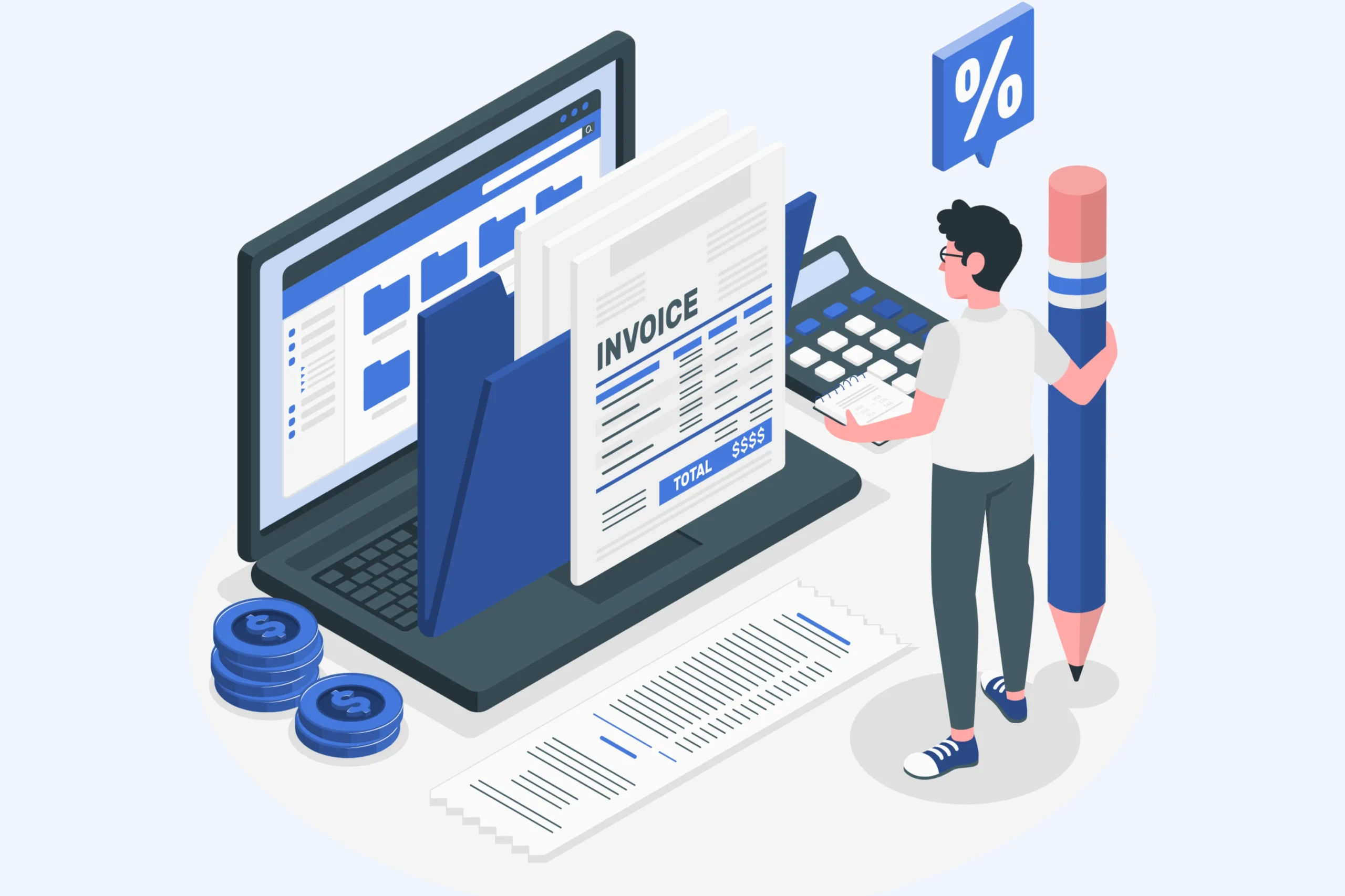 An illustrated person stands next to a giant invoice, calculator, and pencil, symbolizing finance management and efficient invoice data entry services. In the background, an open laptop with files and document icons emphasizes seamless invoice data management alongside a percentage symbol, coins, and a long receipt.