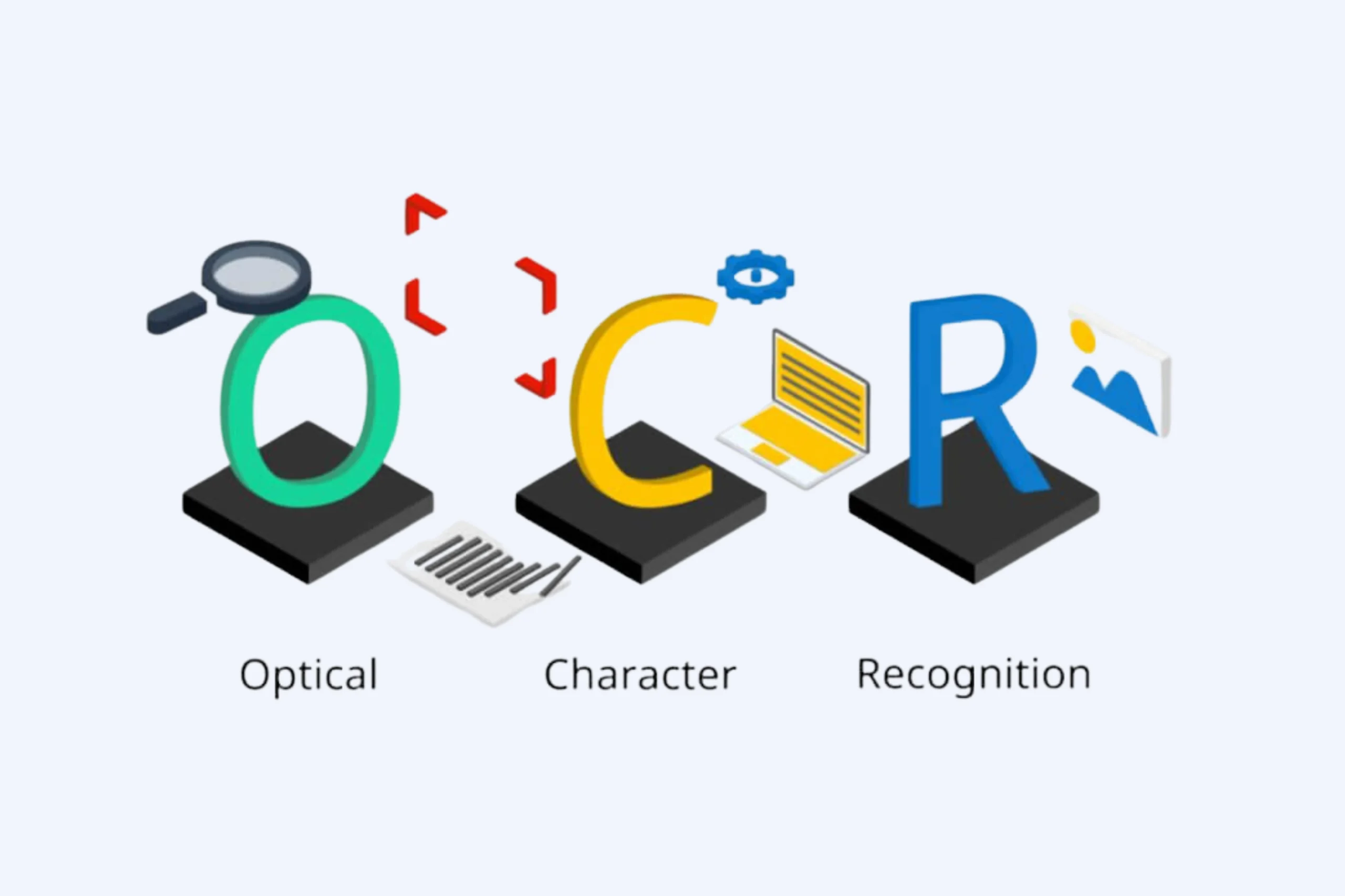 Illustration of the acronym OCR, creatively depicted: O as a magnifying glass, C as a gear and paper, and R as a chart. Below each letter are the words Optical, Character, and Recognition. Perfect for highlighting OCR data conversion or showcasing professional OCR services.