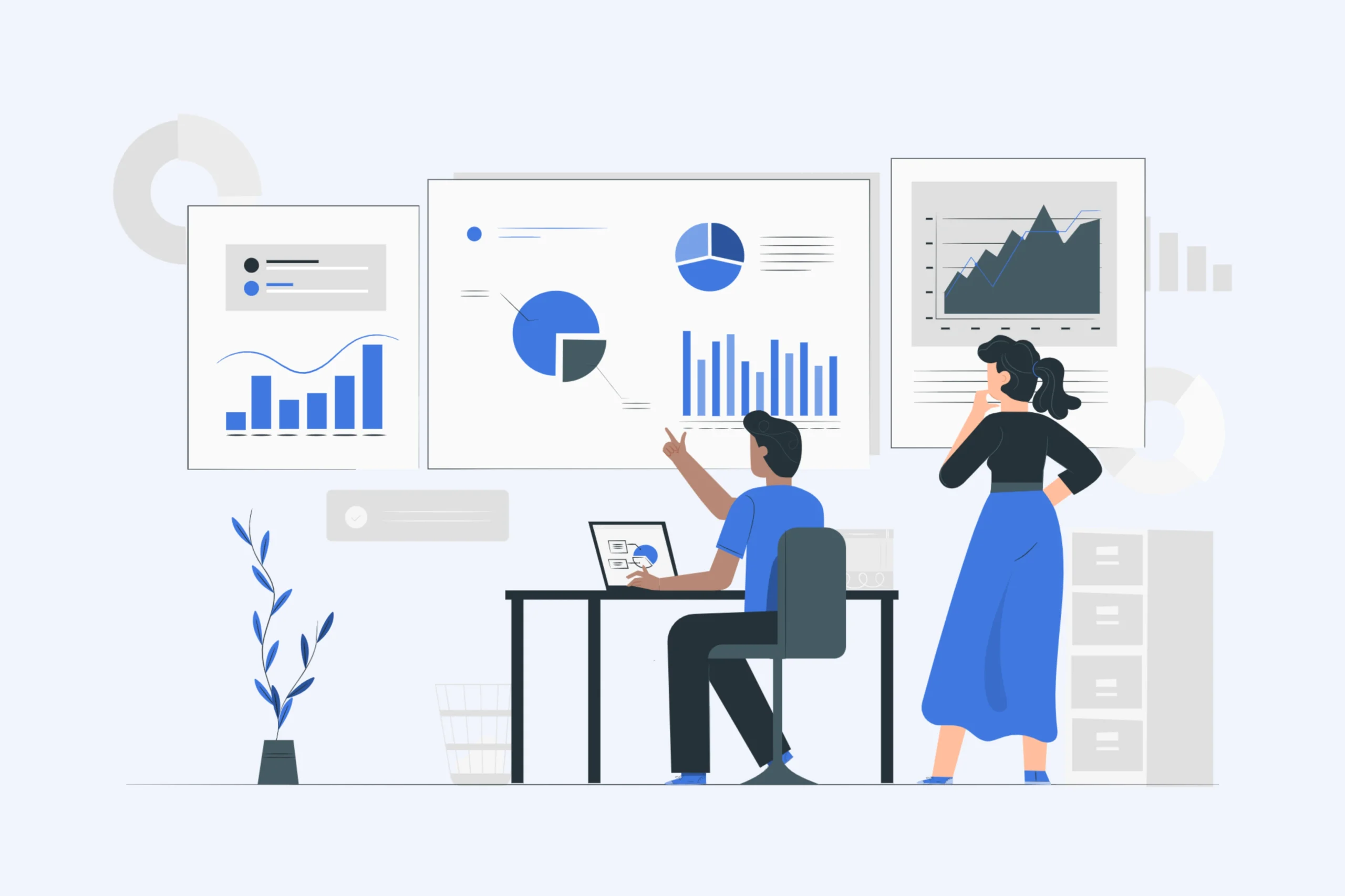 Illustration of two people analyzing data on large screens in an office. A person sits at a desk with a laptop, pointing at AI-driven analytics graphs and charts, while another stands, observing. There is a plant nearby and file cabinets in the background.