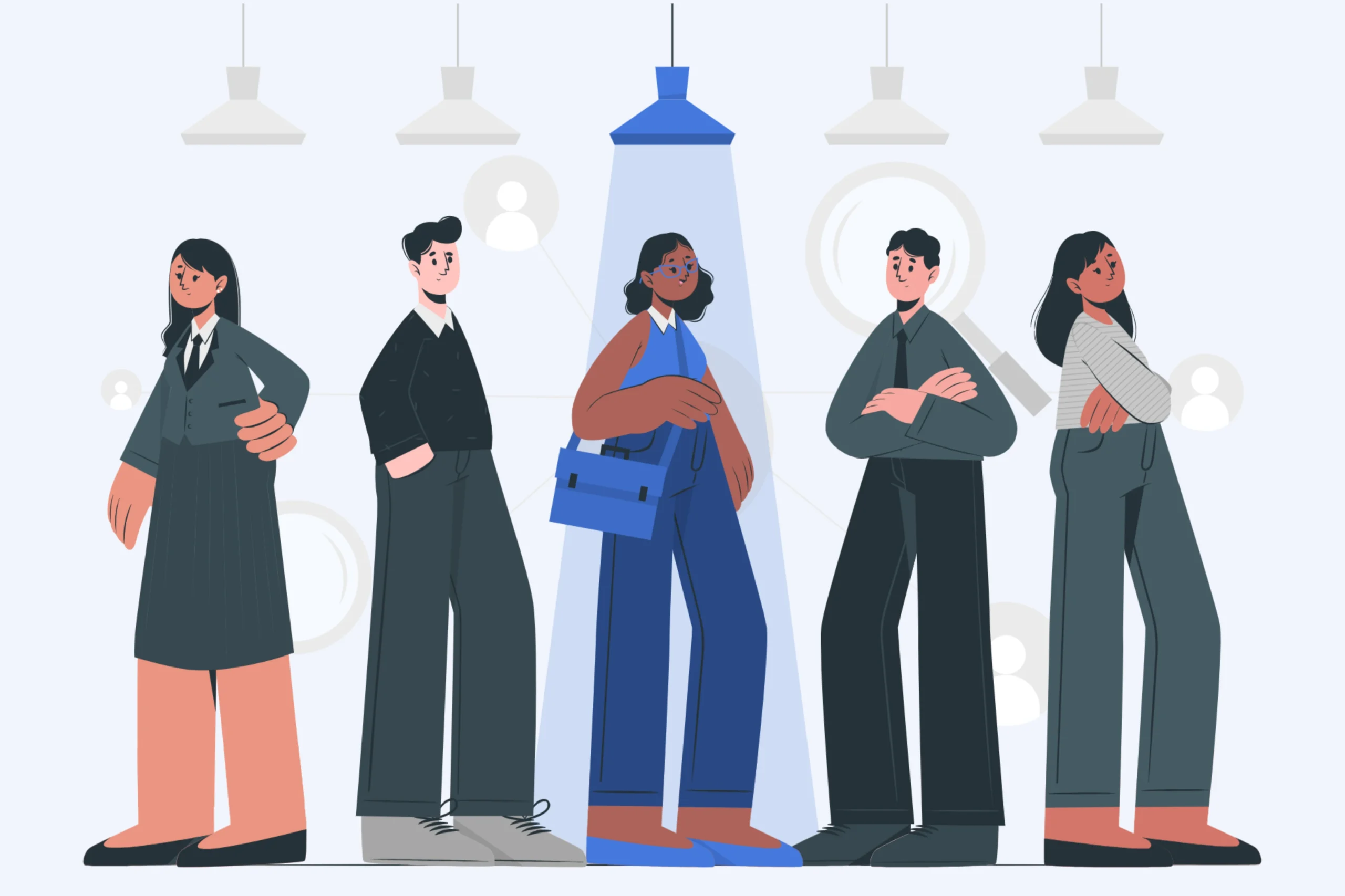 Illustration of five diverse professionals standing confidently. The central figure is highlighted under a light, surrounded by abstract, circular elements. They are dressed in formal and modern attire, symbolizing teamwork and collaboration inherent in recruitment process outsourcing.