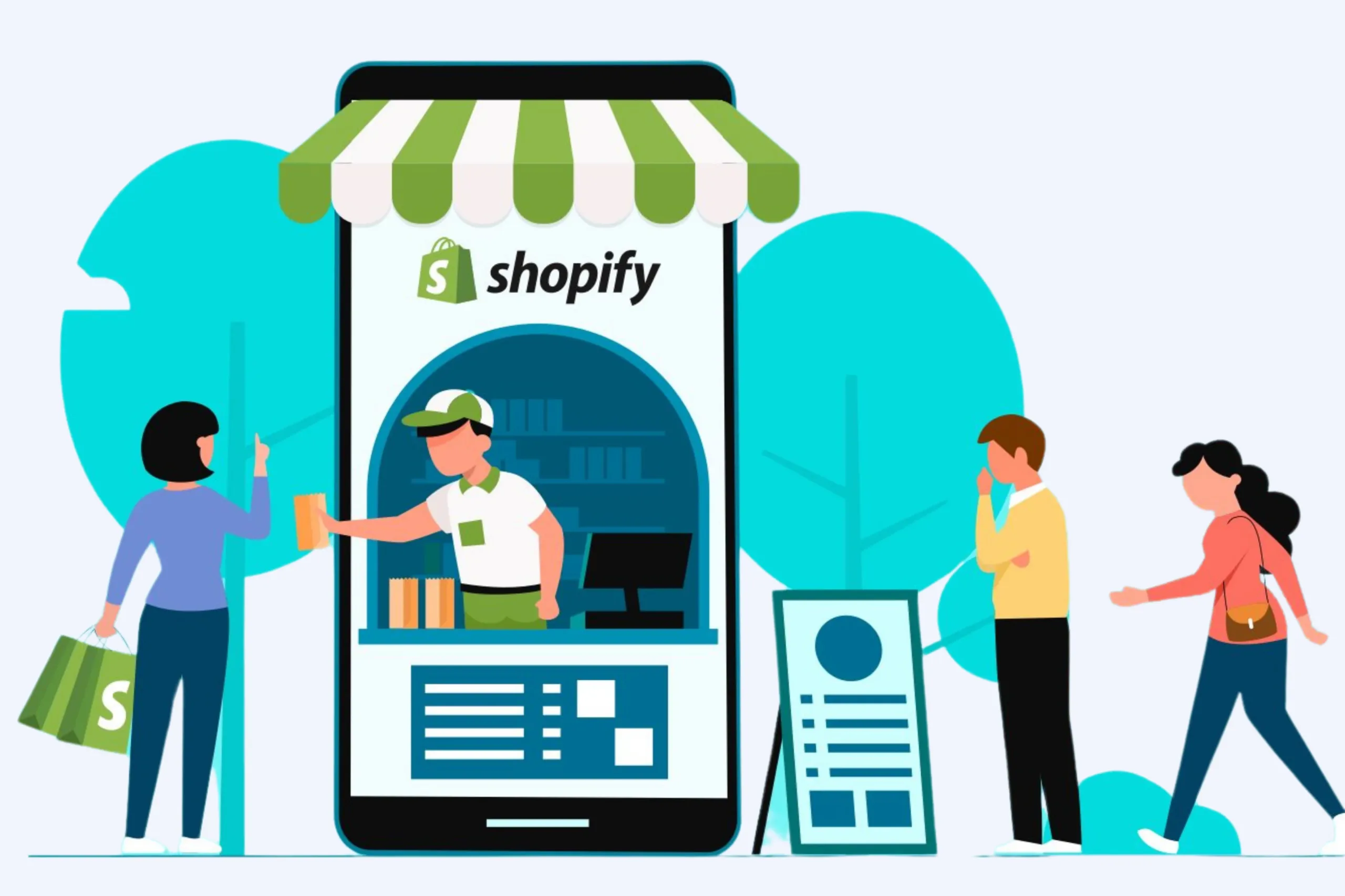 An illustration of a smartphone with a shop front featuring a Shopify logo. A person wearing a cap stands behind the counter, representing Shopify Web Development Services. Two customers, one with a shopping bag and another on the phone, approach the display. Trees are in the background.