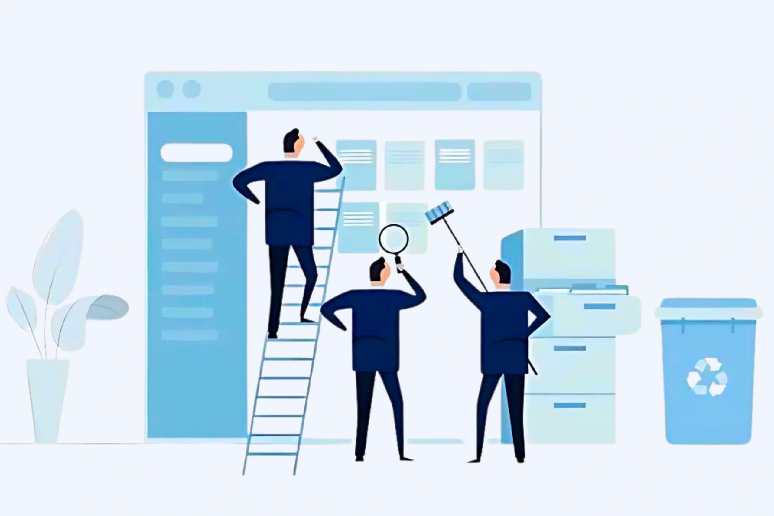 Illustration of three people organizing a digital workspace. One stands on a ladder, another holds a magnifying glass, and the third uses a mop for data scrubbing. They are in front of a large computer screen with only the sidebar visible. Nearby are file cabinets and a recycling bin.