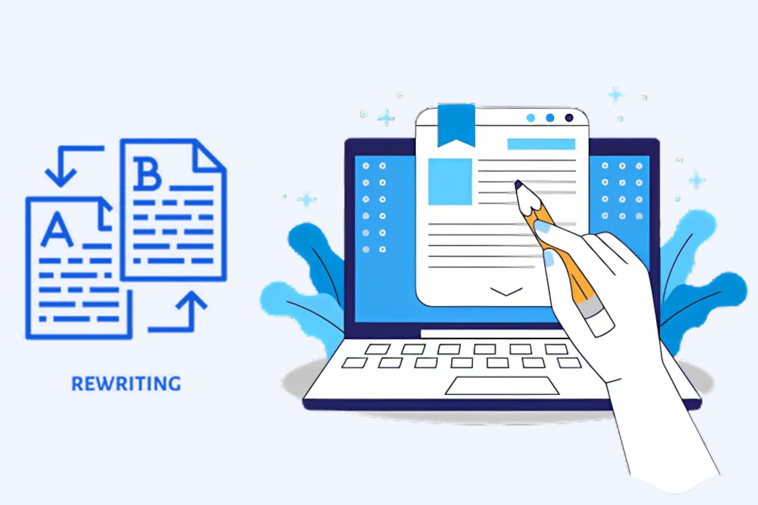 Illustration of a laptop with a stylized webpage on the screen. A hand holding a pencil points to the page, symbolizing Content Rewriting Services. Next to it, an icon with two documents and arrows is labeled Rewriting, suggesting content editing or revamping.