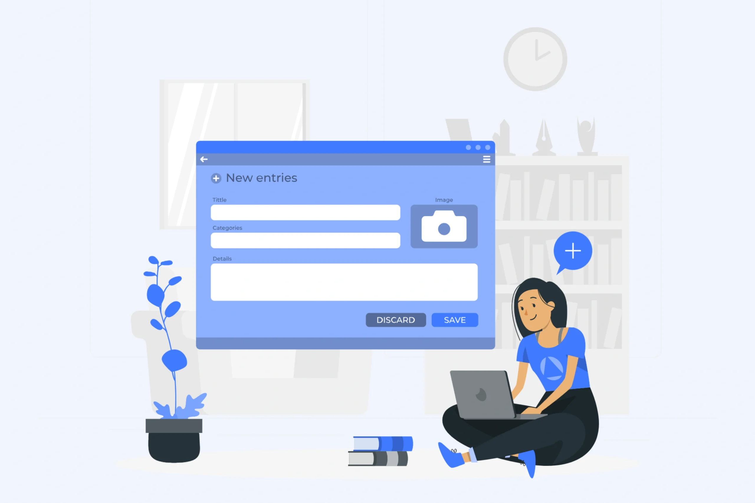 Illustration of a person sitting on the floor with a laptop next to a large interface window labeled New entries, ideal for catalog data entry services. The interface has fields for title, categories, and details, with options to discard or save. A plant and books are nearby.