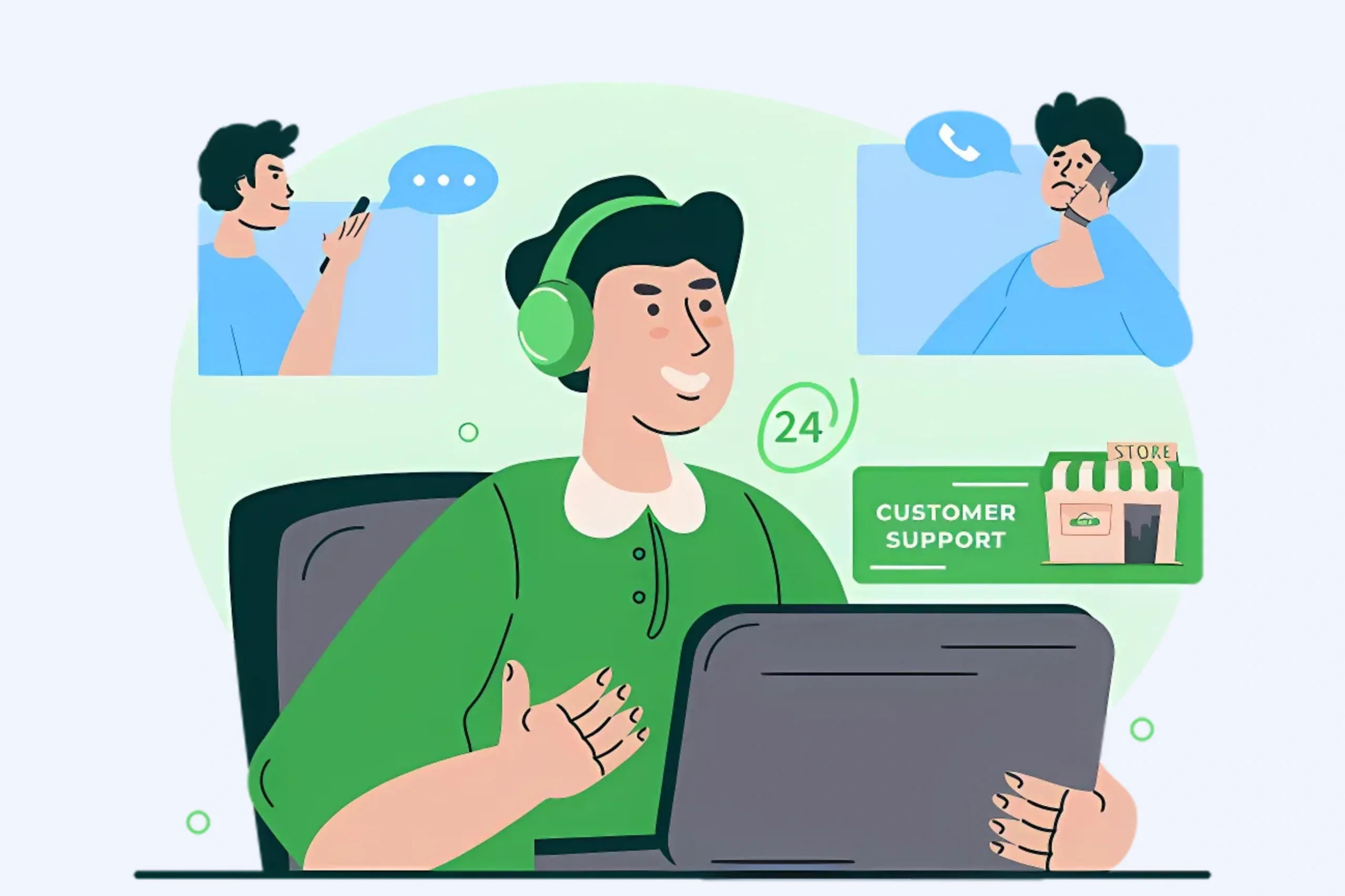 An illustration of a smiling customer support representative wearing a headset, seated at a desk with a laptop. The background showcases icons of phone calls and e-commerce shopping, emphasizing E-Commerce Support Services. Surrounding elements highlight seamless communication and dedicated service.