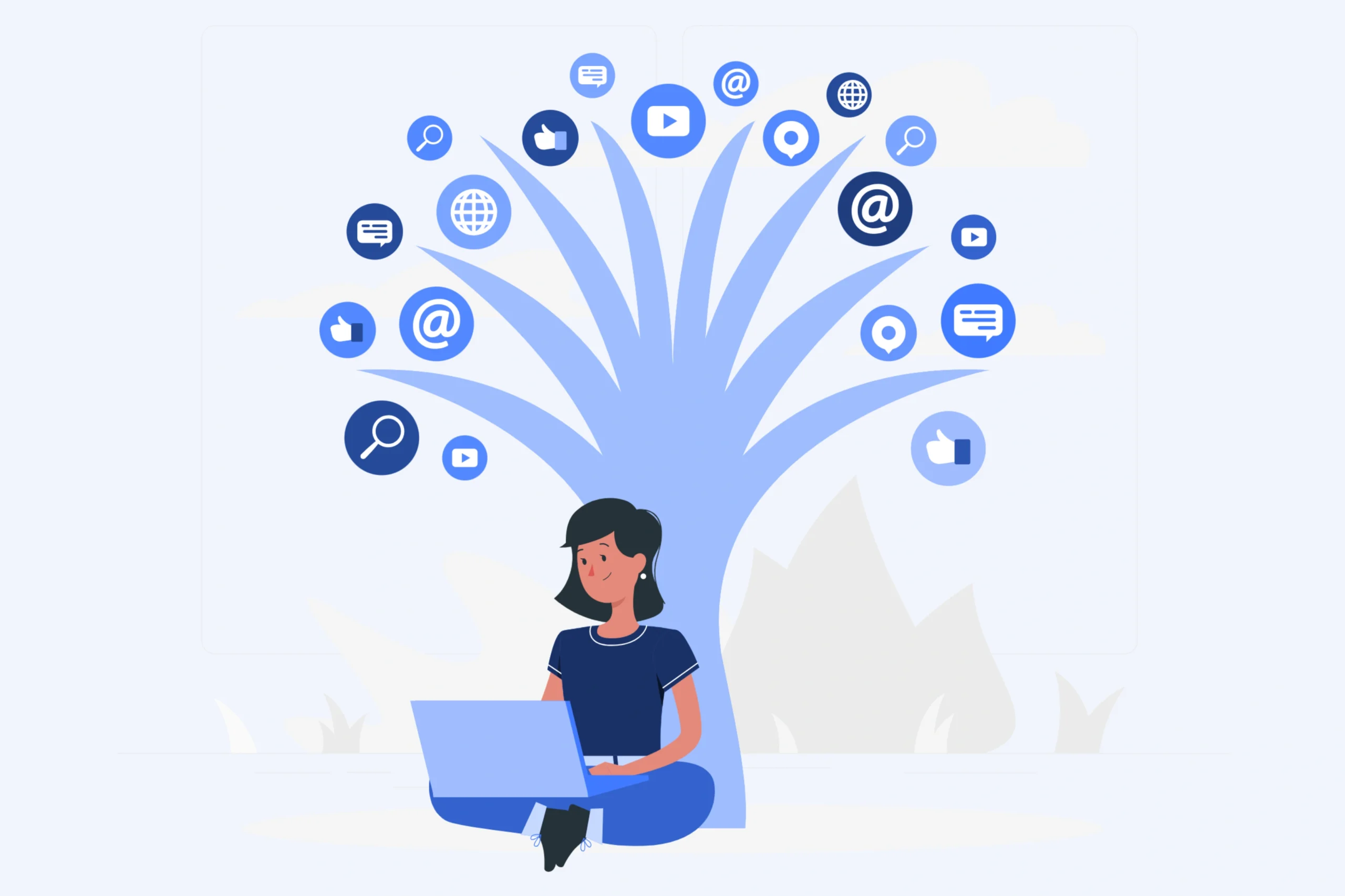 An illustration shows a person sitting under a tree with a laptop, where branches adorned with icons like at symbols, search, video, and thumbs-up symbolize social media marketing services. The simple, abstract background emphasizes themes of connectivity and social engagement.