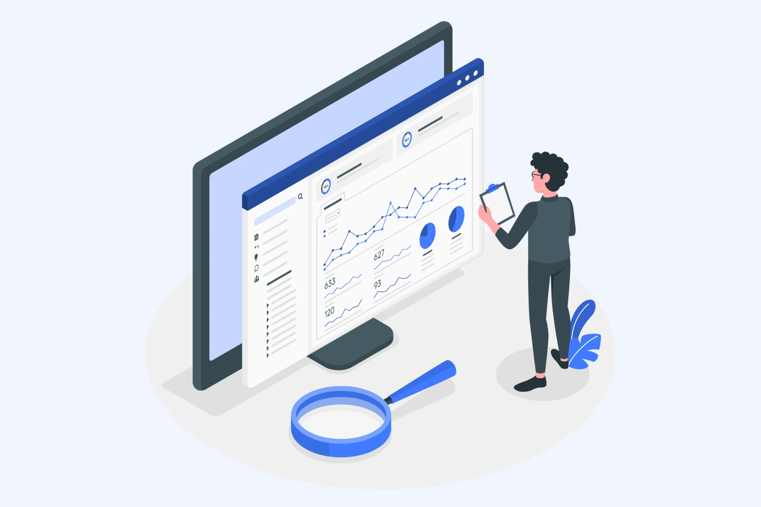 An illustration of a person analyzing data on a large computer screen with graphs and charts, representing web analytics. The individual holds a tablet and stands beside a magnifying glass, symbolizing detailed research in web analytics services.