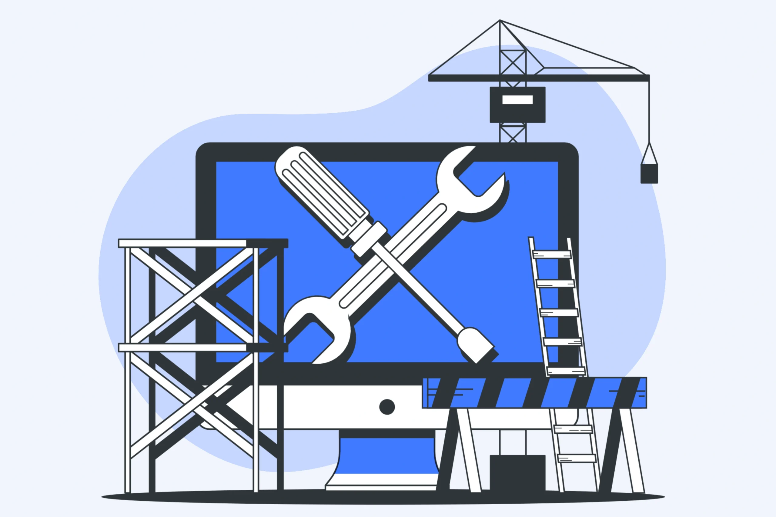 Illustration of a computer monitor displaying a screwdriver and wrench, symbolizing tools for website maintenance. Surrounding the monitor are construction elements like scaffolding, a ladder, a crane, and barriers, capturing the essence of ongoing development and website maintenance services.