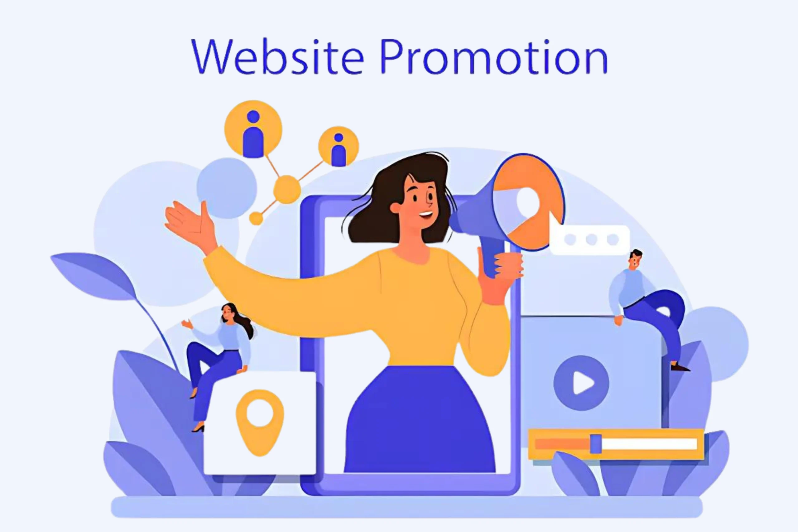 Illustration of a woman emerging from a smartphone adorned with icons symbolizing website promotion services, like social media, location, and video symbols. Two smaller figures interact enthusiastically with these vibrant elements, highlighting the dynamic world of website promotion.