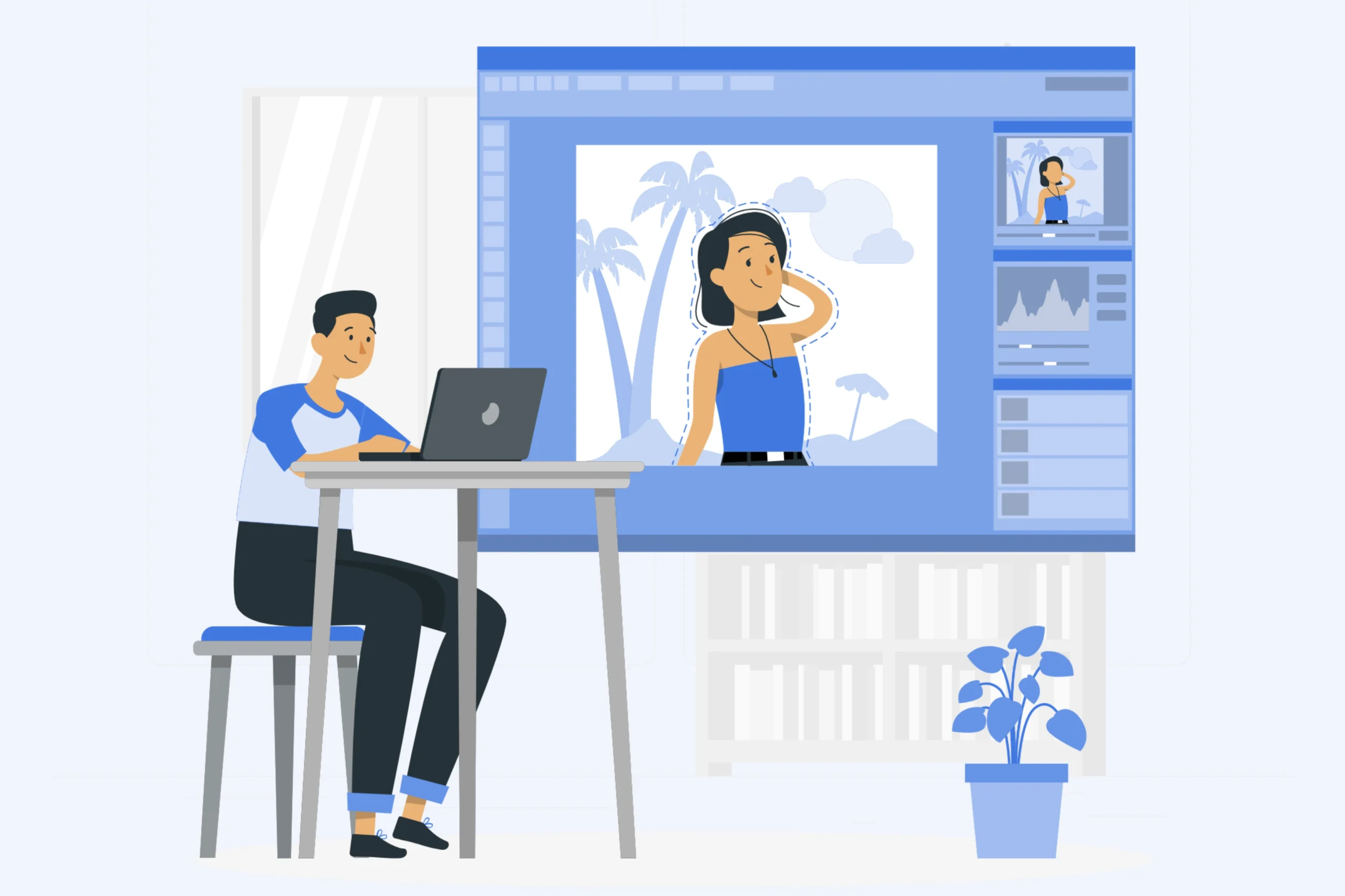 Illustration of a person sitting at a desk using a laptop, engaged in image editing on a large screen. The screen displays a woman in a tropical setting. A blue potted plant sits near the desk in the softly lit, modern room, conveying professional image editing services' elegance and efficiency.