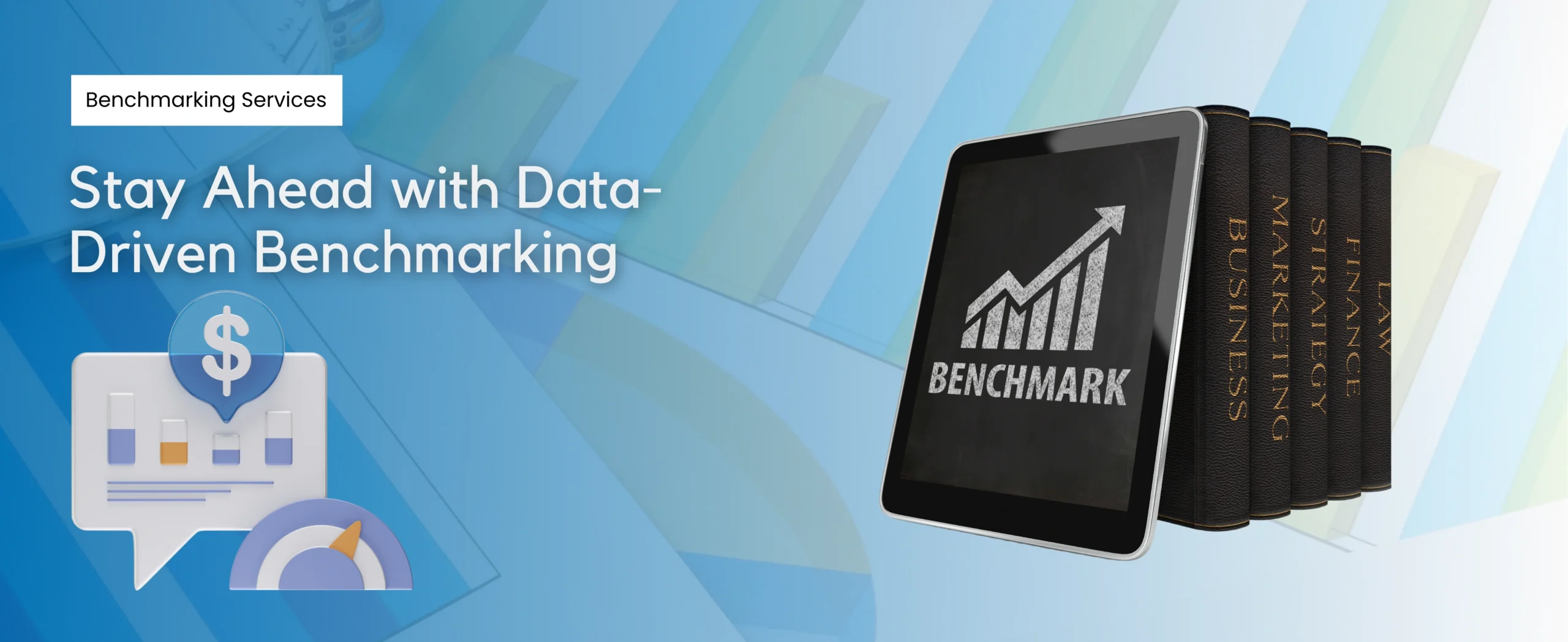 A digital graphic illustrates a tablet displaying a Benchmark screen and rising graph beside stacked books labeled Catalogue Benchmarking. Text reads Stay Ahead with E-commerce Data-Driven Benchmarking. Includes dollar sign and graph icons, set against a backdrop of abstract blue shapes.