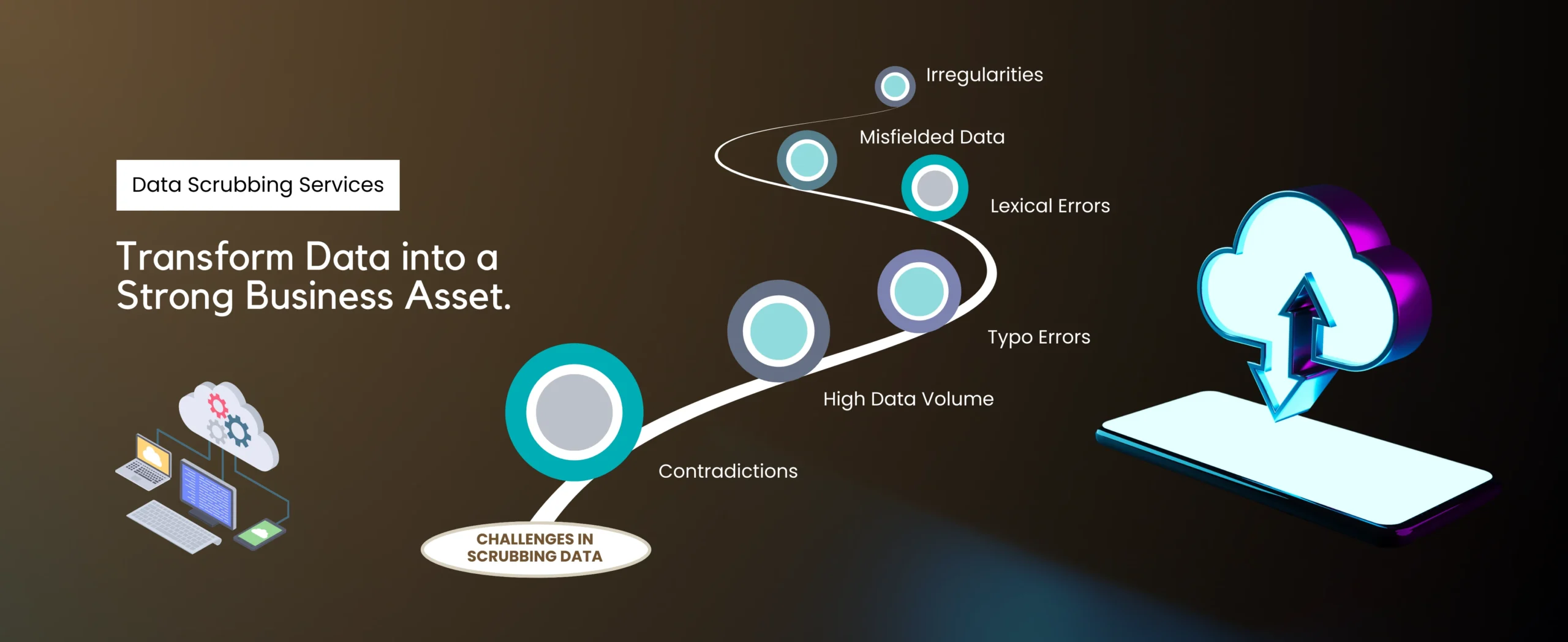 An infographic on data scrubbing services displays a path of challenges: irregularities, misfielded data, lexical errors, typo errors, high data volume, and contradictions. A cloud and laptop with an upward arrow demonstrate the transformation power of effective data scrubbing.