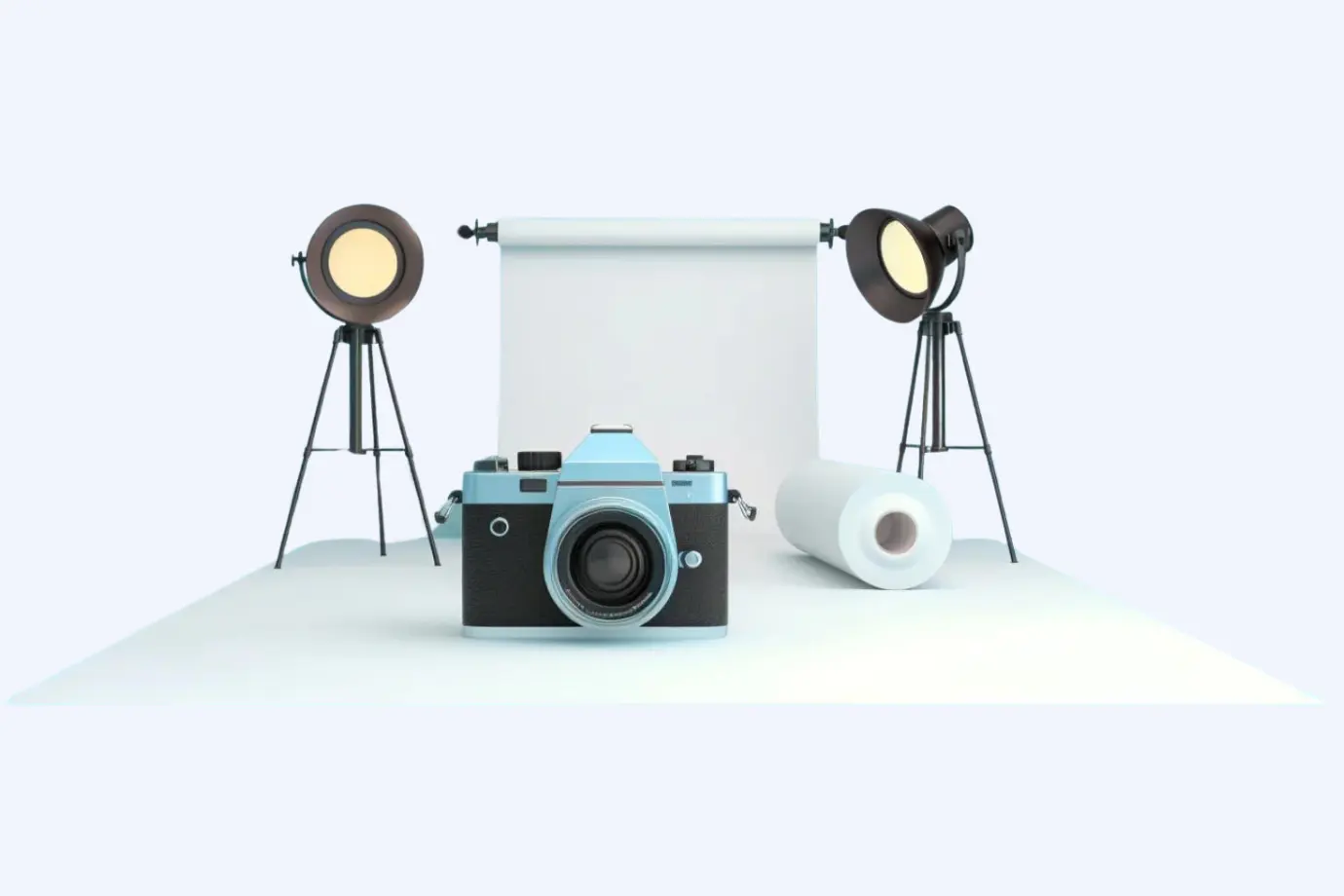 A vintage camera is placed in front of a white backdrop, perfect for ecommerce product photography. Two studio lights on tripods illuminate the setup, while a roll of white paper lies next to the camera, crafting a minimalist scene against the light gray background.