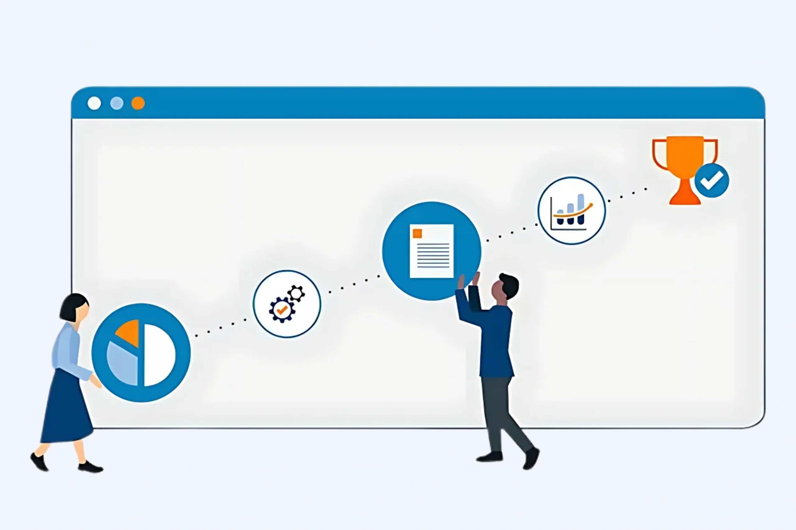 A woman and a man engage with a flowchart on a large screen. The chart illustrates a sequence from pie chart to gears, document, bar graph, culminating with a trophy and checkmark—symbolizing success in e-commerce benchmarking services.