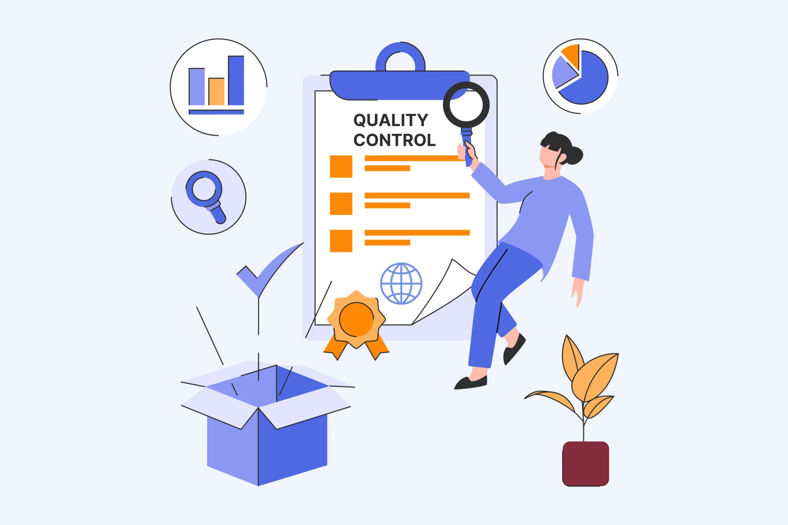 Illustration of a person examining a website quality control checklist clipboard with a magnifying glass. Surrounding icons include charts, a box, a checkmark, a globe, and a plant.