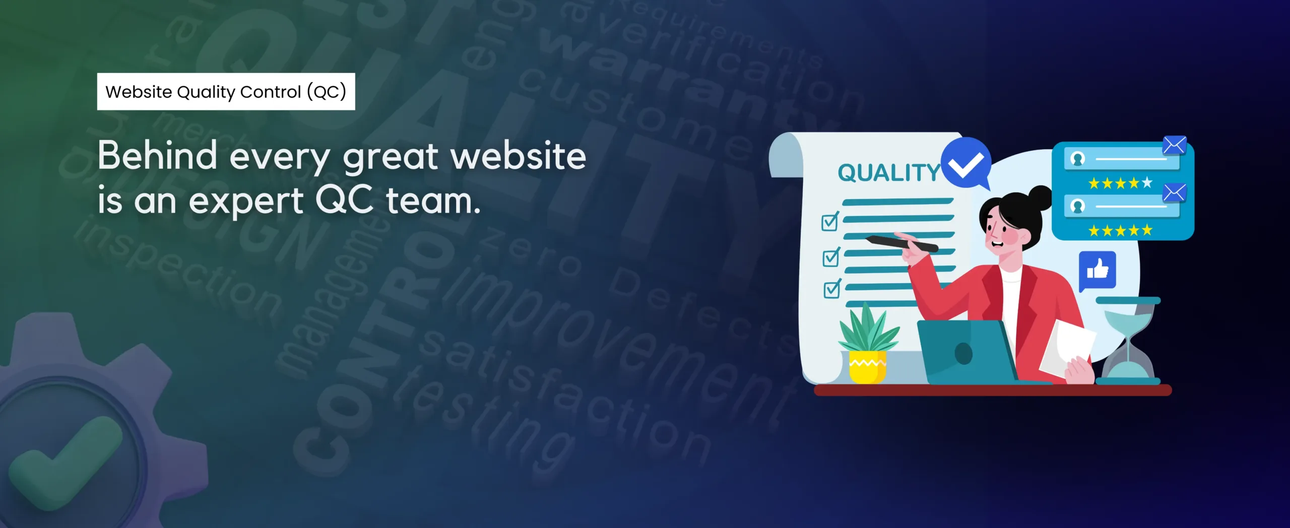 Illustration of a website quality control team member reviewing documents and checkmarks, emphasizing the importance of expert QC for ensuring optimal website standards.